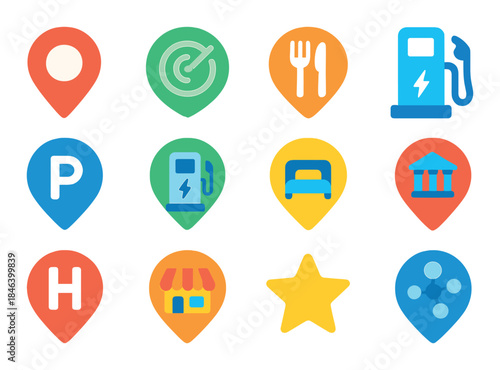 Colorful icons of travel and leisure services including charging station