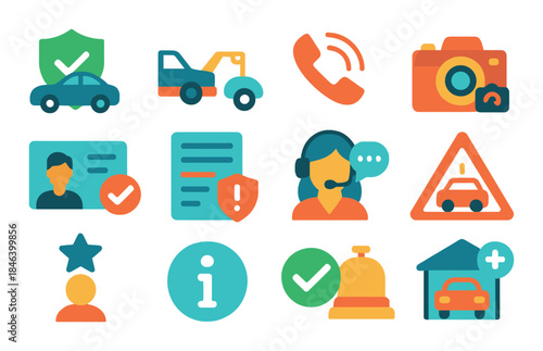 Colorful car service and communication icons on dark background