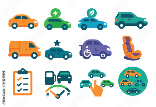 Colorful icons of cars and automotive symbols with accessibility and fuel indicators