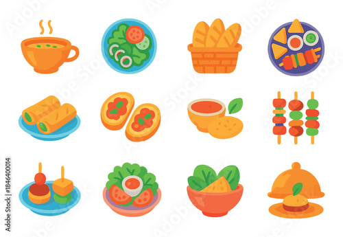 Vibrant icon set of various delicious foods and culinary items