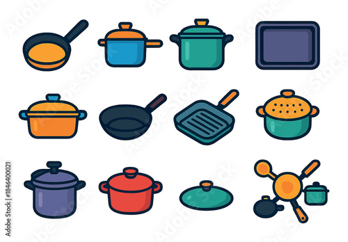 Colorful cookware icons set with pots, pans, and baking tray