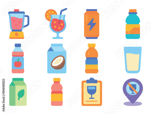 Vibrant icons of beverages and kitchen appliances in gradient style