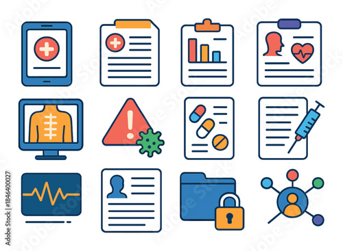 Healthcare and medical icon set featuring charts, medicine, and digital records