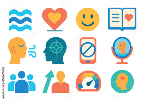 Colorful icons representing communication, emotions, technology, and people