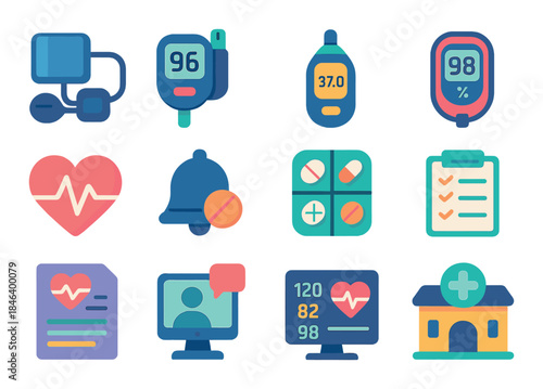 Healthcare technology icons for medical monitoring and management