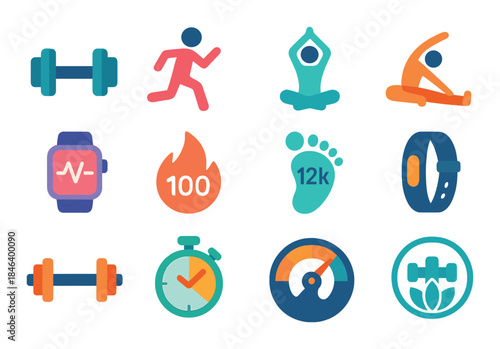 Colorful fitness icons: dumbbells, yoga, stopwatch, tracker, calories