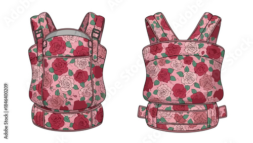 Floral Baby Carrier Illustration: Stylish and Comfortable Child-Wearing Device for Parents on the Go