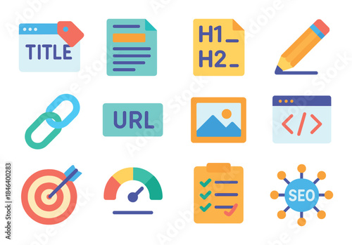 Colorful digital marketing icons representing seo and web design elements