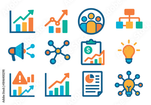Colorful business infographics: charts, icons, and diagrams in vibrant glow