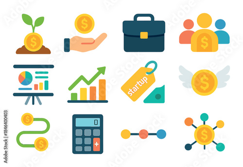Colorful business startup icons depicting growth and finance concepts