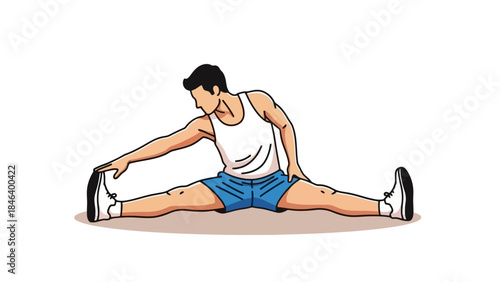 Man Doing Hamstring Stretch Exercise Sitting on Floor with Legs Wide Apart
