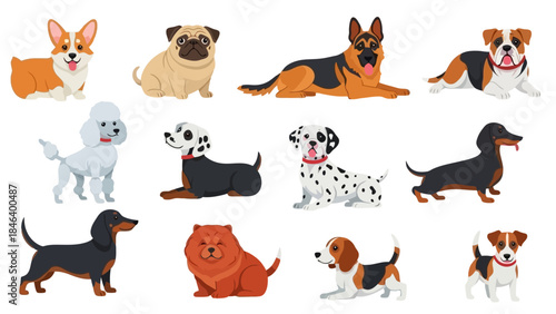 Collection of Adorable Cartoon Dog Breeds Posed in Different Ways, Vector Art