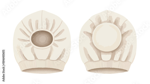 Isolated illustration showcasing a knitted cap design in front and back view against a white backdrop providing a technical schematic for fashion