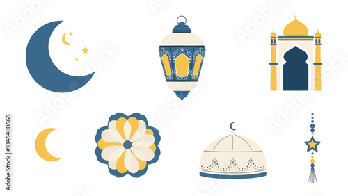 Celestial Ramadan Set: An array of artistic elements, including crescent moon, lanterns, mosque and other decorative objects. Capturing the spirit of serenity and peace.