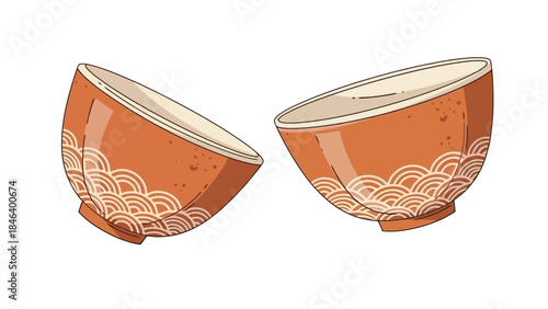 Stylized Illustration of Two Japanese Ceramic Bowls with Traditional Wave Pattern
