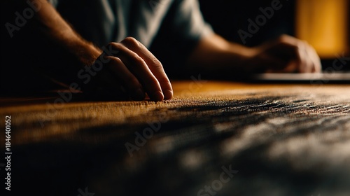 Close-up of Hand Touching Textured Surface in Dim Light