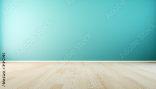 Bright and modern interior with turquoise wall and wooden floor in contemporary design style