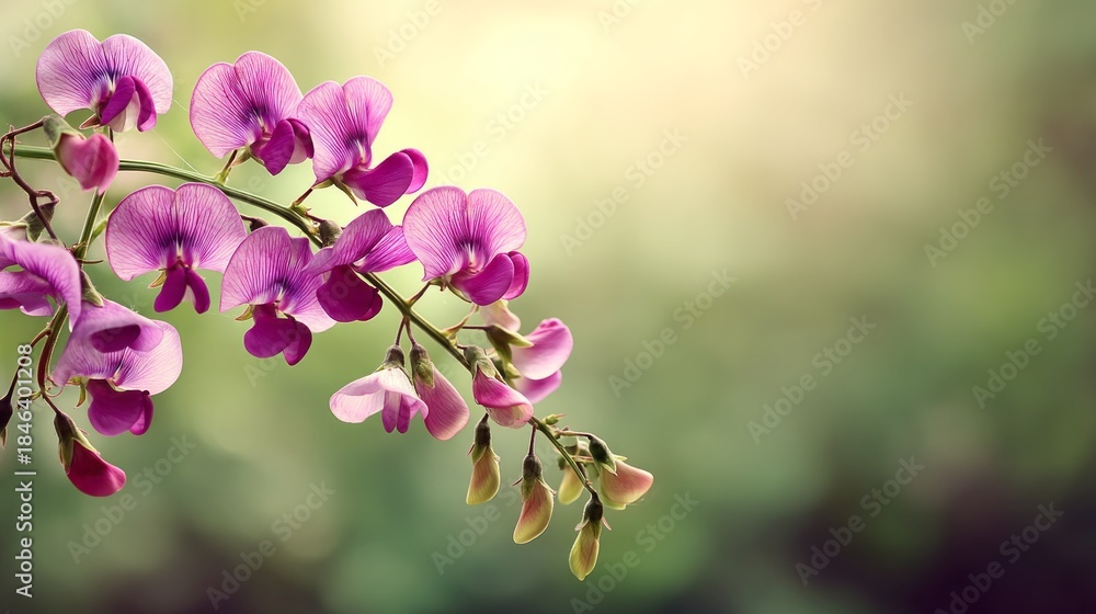 Obraz premium Amidst a serene summer day, sweet pea flowers display their lush, vibrant petals. Bathed in warm sunlight, their delicate beauty captures the essence of nature's artistry and tranquility