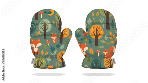 Delightful woodland themed baby mittens showcasing whimsical fox squirrel and forest illustrations with a charming touch of childhood wonder