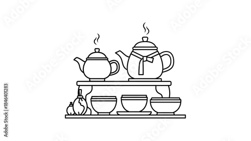 Traditional Tea Set with Steaming Teapots and Cups.