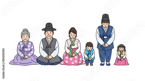 Traditional Korean Family Wearing Hanbok Bowing Respectfully.