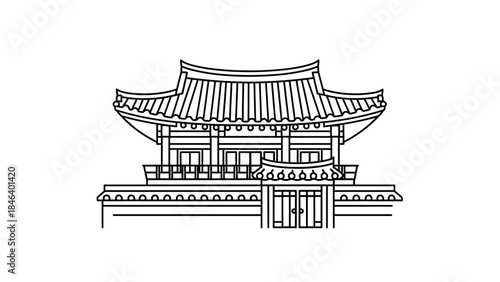 Traditional Korean Architecture Building Line Art Illustration.