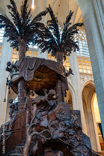 Baroque oak pulpit by Jacques Berge inside Saint Peters Church in Leuven