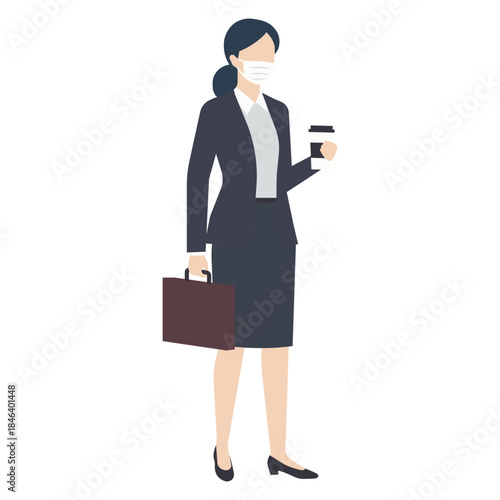 片手にテイクアウトコーヒーを持って通勤するマスク姿の女性ビジネスマン