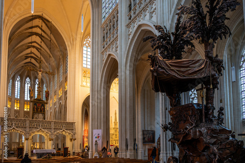 Baroque oak pulpit inside Saint Peters Church in Leuven