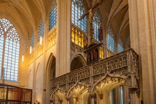 Gothic rood screen and crucifix inside Saint Peters Church in Leuven