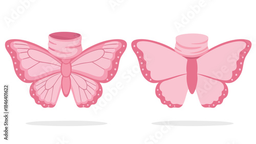 Whimsical depiction of pink butterfly figures with textured cylindrical body elements presented on a bright white backdrop
