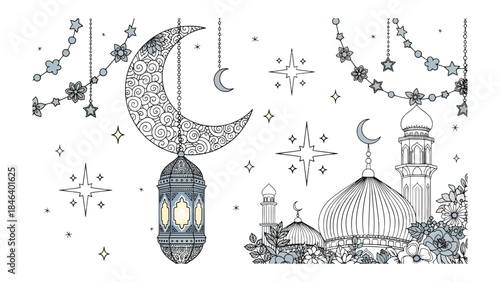 Lunar Reverie: An illustration of a crescent moon, mosque domes and lantern and stars with subtle shades evoke a sense of serenity and spiritual significance.