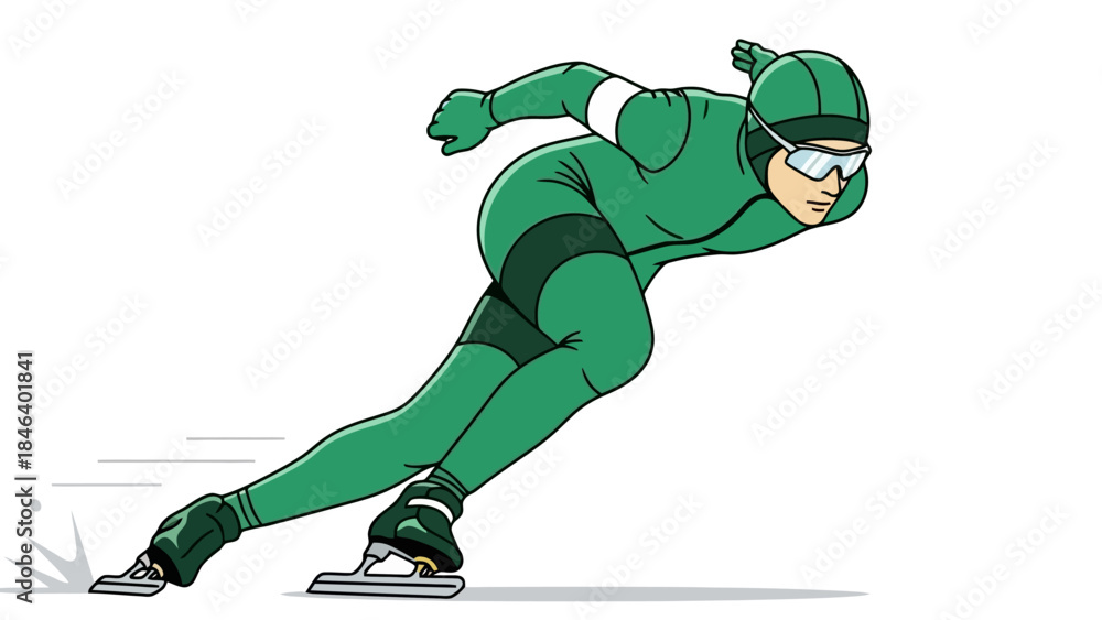 Αυτοκόλλητο Speed Skater in Green Suit Racing on Ice Track with Motion Blur Effect