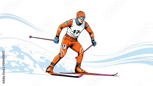 Dynamic Vector Illustration of a Cross-Country Skier in Orange Ski Suit