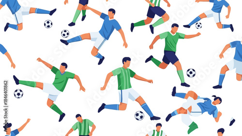 Seamless Pattern of Stylized Soccer Players in Action with Balls on White Background