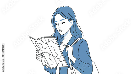 A young woman with blue hair and jacket is carefully reading a map, possibly navigating during travel or exploring a new city.