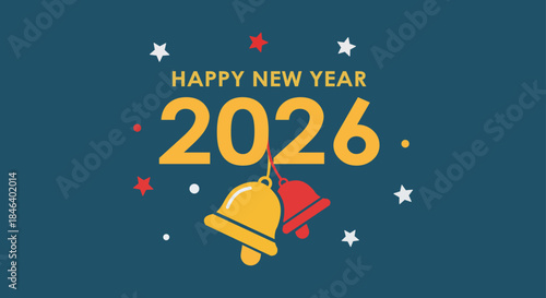 Happy New Year 2026 celebration with colorful bells and stars