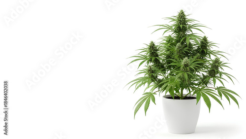 Lush green cannabis plant with flowering buds cultivated in a simple white container