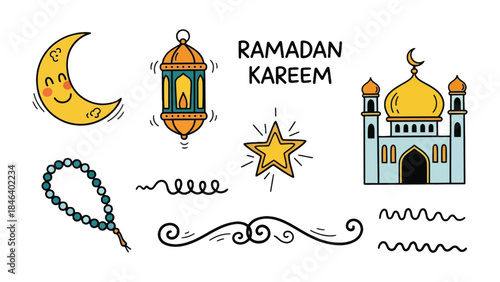 Ramadan Greetings Illustration: A vibrant and whimsical illustration captures the essence of Ramadan, featuring a smiling crescent moon, a glowing lantern, a radiant star, a mosque, and prayer beads.