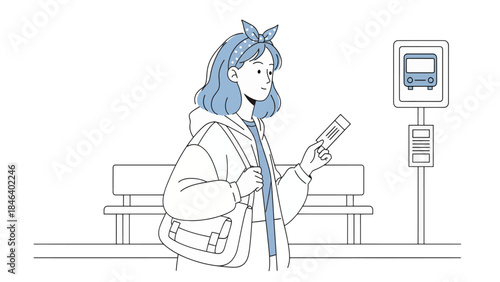 Young woman with blue hair waiting at a bus stop, holding a ticket, in a minimalist illustration style.