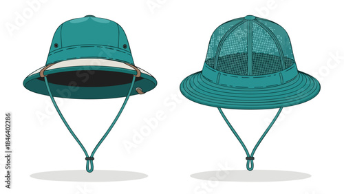 A Comparison of Two Teal Bucket Hats with Chin Straps for Outdoor Protection  Against Sun and Insects