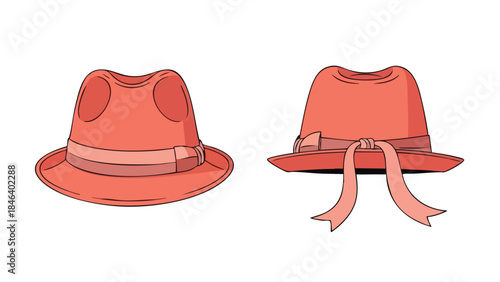 Sophisticated Duo: A pair of salmon-colored fedora hats offering a vintage flair and timeless elegance isolated against a clean white backdrop