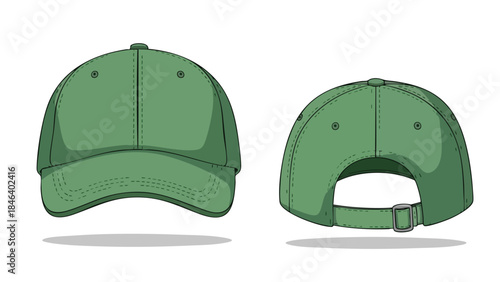 Olive Green Baseball Cap Illustration Showcasing Front and Back Views Against White Background for Fashion Design Purposes
