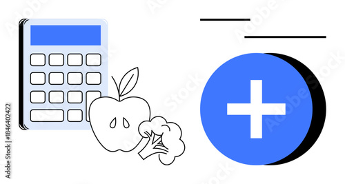 Nutrition concept. Nutrition planning with a calculator alongside health symbols, apple, broccoli, and a plus sign. Nutrition helps in meal planning, balanced diets, and healthy living. Ideal