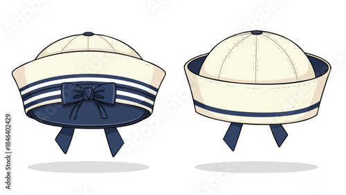 Cartoon illustration showcasing the front and back of vintage-style sailor hats with white and blue trim isolated on a white backdrop