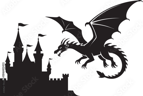 dragon silhouette flying toward medieval castle with towers