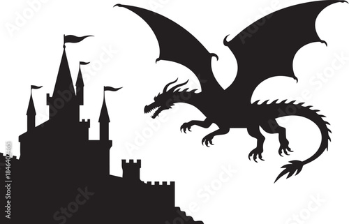 dragon attacking castle silhouette medieval fantasy vector