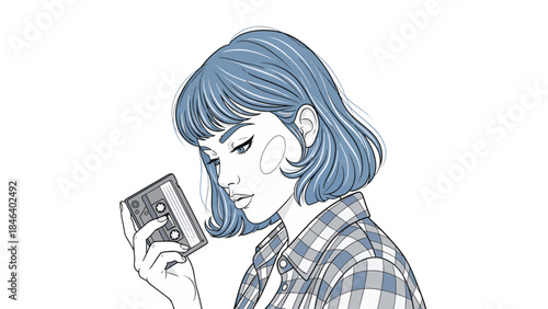 Detailed illustration of a young woman with blue hair holding a retro cassette tape, looking nostalgic and thoughtful.