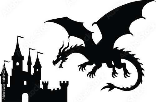 dragon and castle fantasy scene medieval tower silhouette