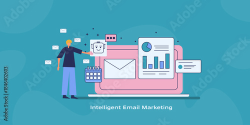 Virtual assistant automating chat interactions and scheduled message delivery, customer surrounded with email communication, visualize campaign data.